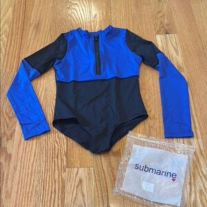 GIRLS size 12 Submarine swim Blue and Black long sleeve swimsuit